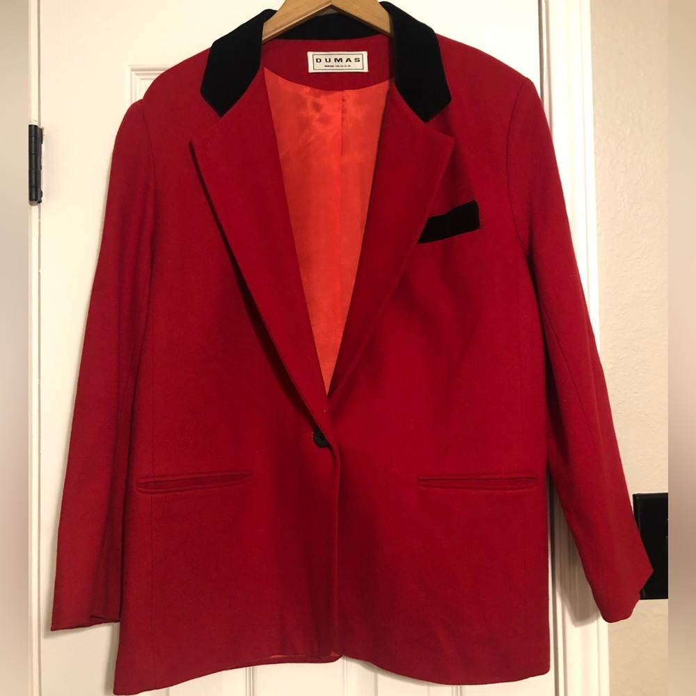 Vintage Red Wool Blazer Black Velvet Collar Dumas Made in USA Statement Jacket